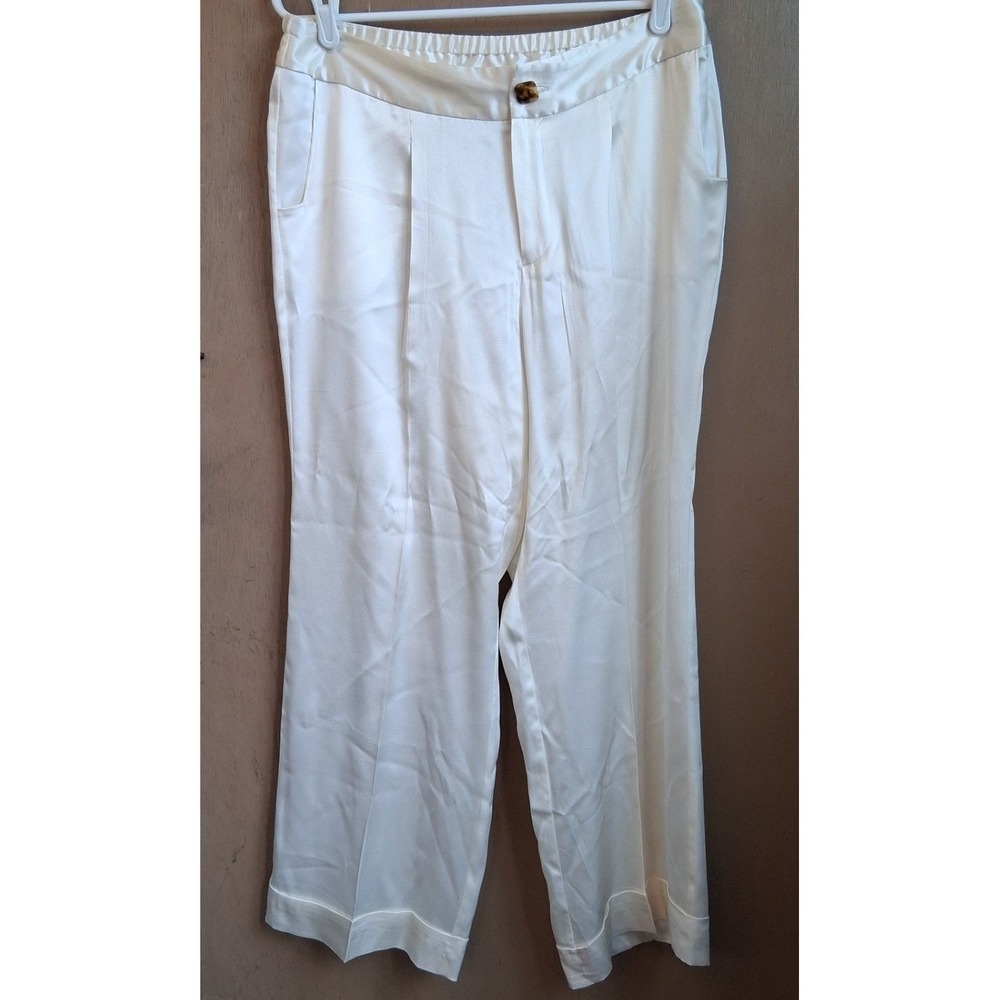 Soft Surroundings 100% Silk Cream Cuffed Trouser Pants Large Quiet Luxury EUC